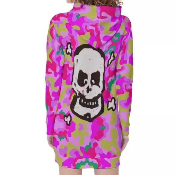 Pink Camouflage Skull Hoodie Long Mini Dress Size Extra Large Sweatshirt Skate - Picture 2 of 13